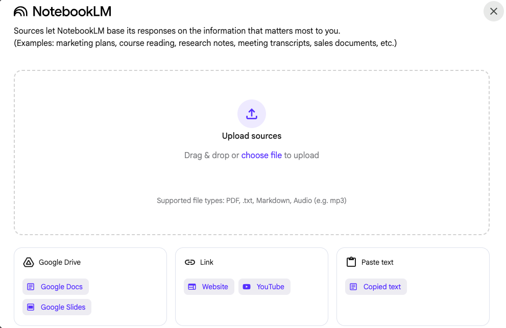Screenshot of Google NotebookLM showing how to add sources like PDF and YouTube to an AI notebook.