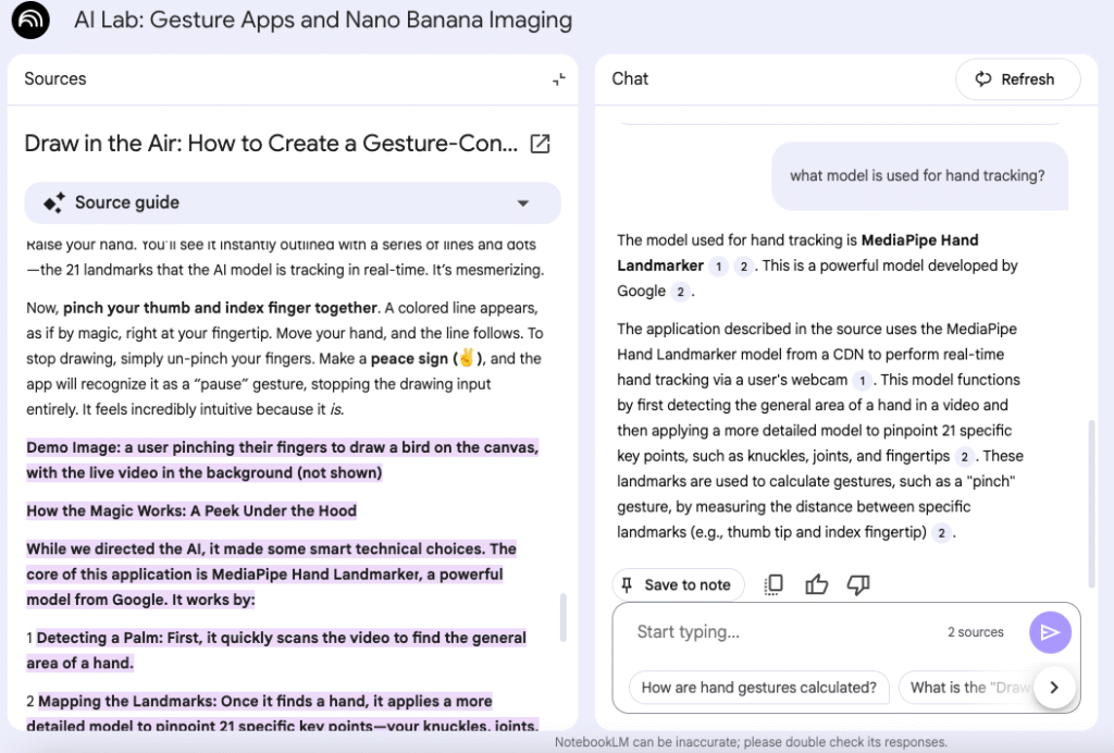 Google NotebookLM's inline citation feature, showing how AI answers are linked directly to source documents for fact-checking.
