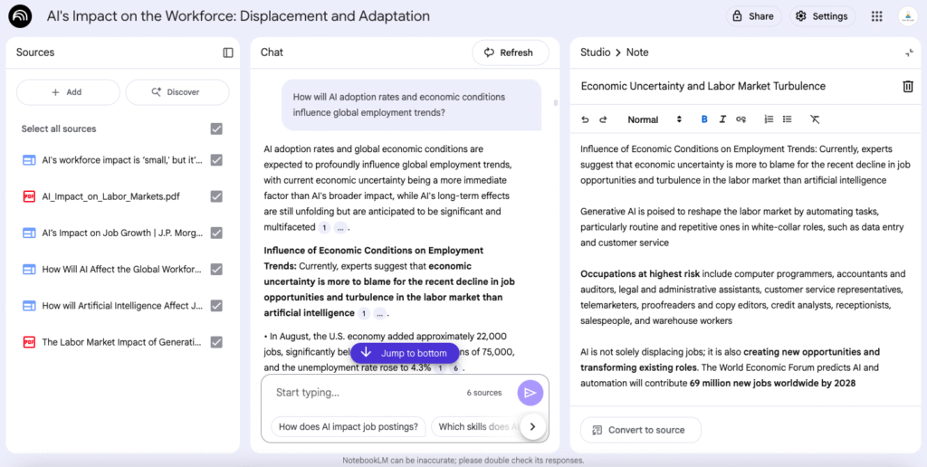 A student using Google NotebookLM as an AI study tool to organize research papers and generate a paper outline.